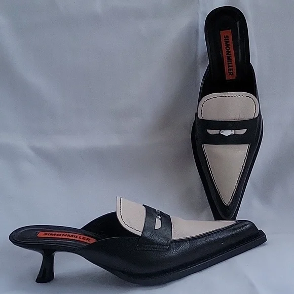Simon Miller Black and Cream Pointed Penny Leather Mules - Picture 3 of 7